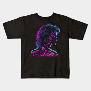 Synthwave cyberpunk woman with curly hair head sticker Kids T-Shirt